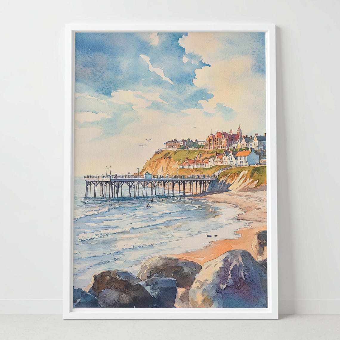 Cromer Pier Norfolk Coast Beach Cliffs Watercolor Scene Poster