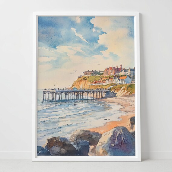 Cromer Pier Norfolk Coast Beach Cliffs Watercolor Scene Poster