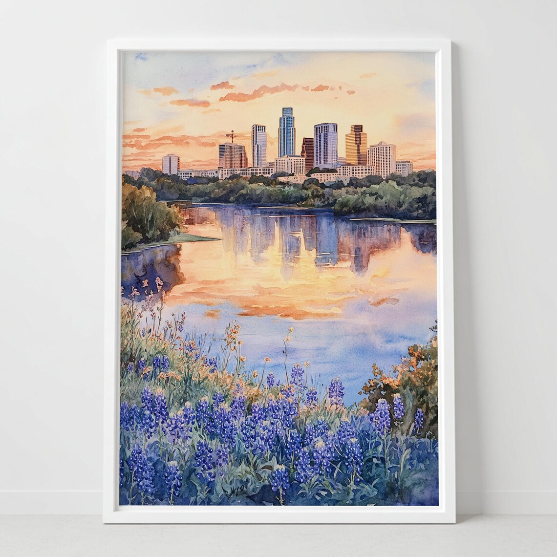 Austin Texas Skyline Sunset Lake Reflection Watercolor Poster