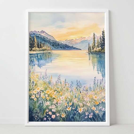 Donner Lake Alpine Sunset Wildflower Meadow Watercolor Poster