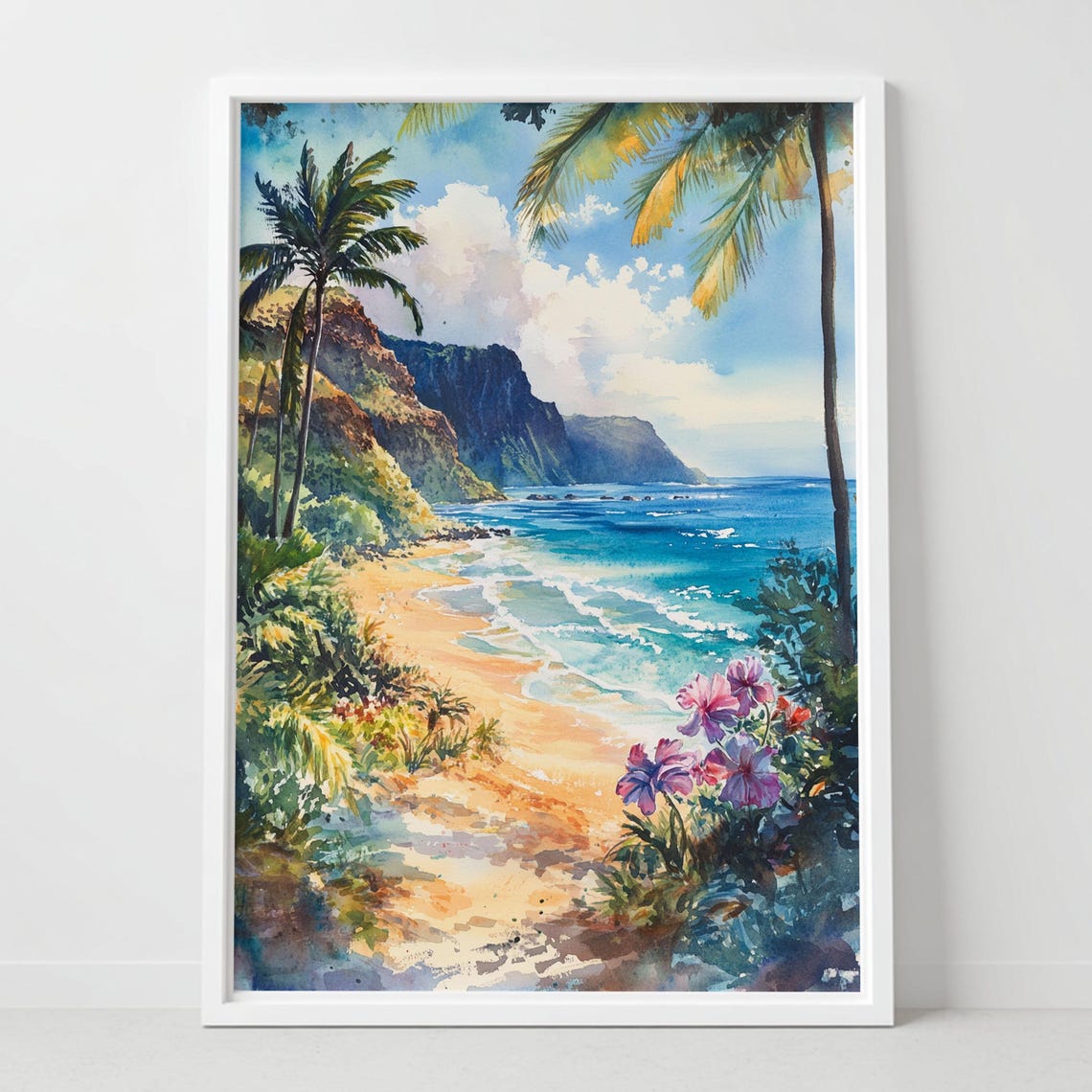 Kauai Hawaii Palm Beach Cliffs and Waves Watercolor Seascape Poster