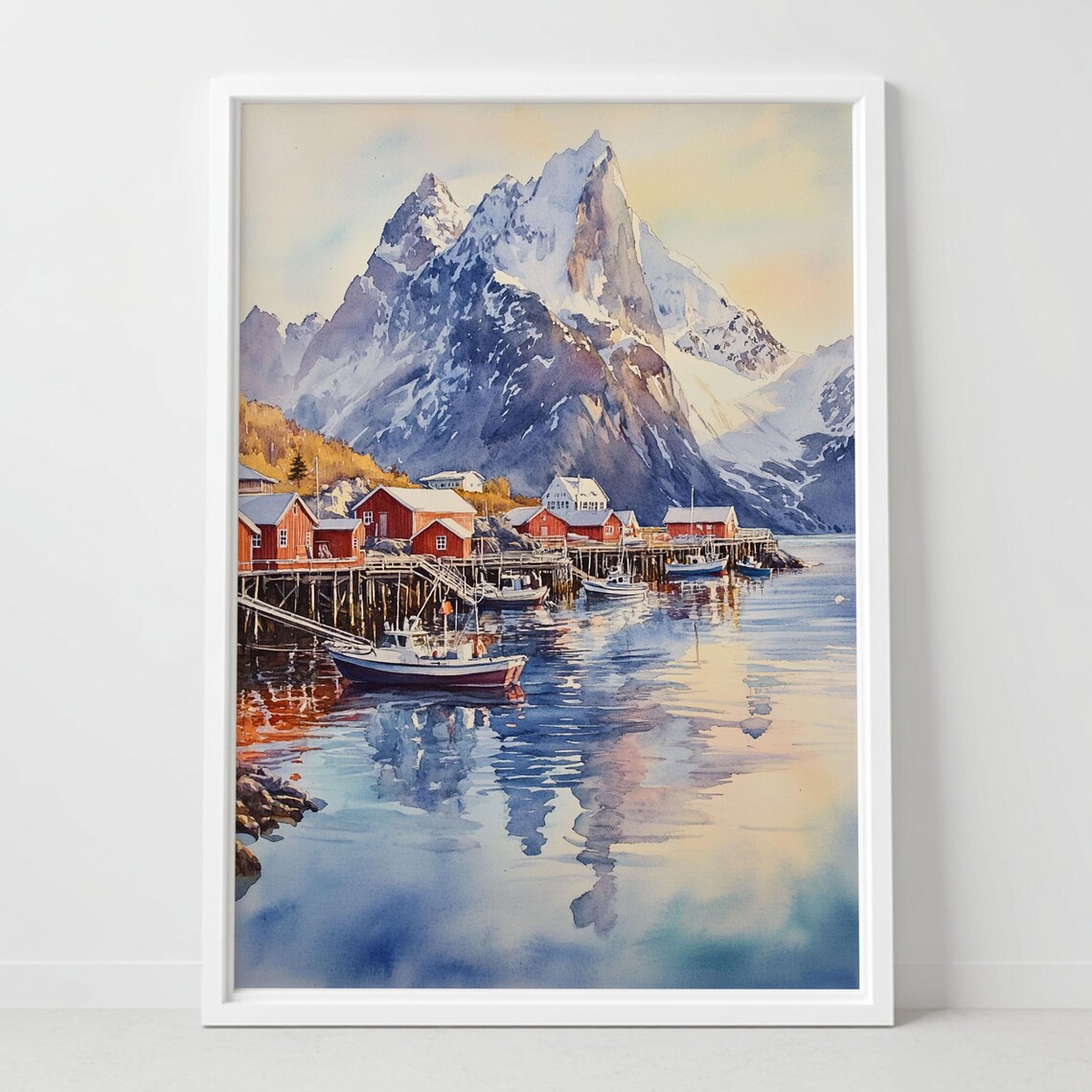 Reine Lofoten Norway Arctic Red Fishing Cabins Fjord Watercolor Poster