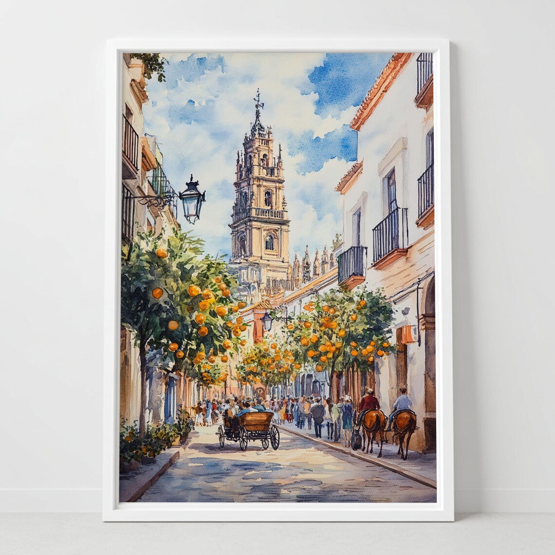 Seville Spain Giralda Tower Orange Trees Watercolor Street Poster