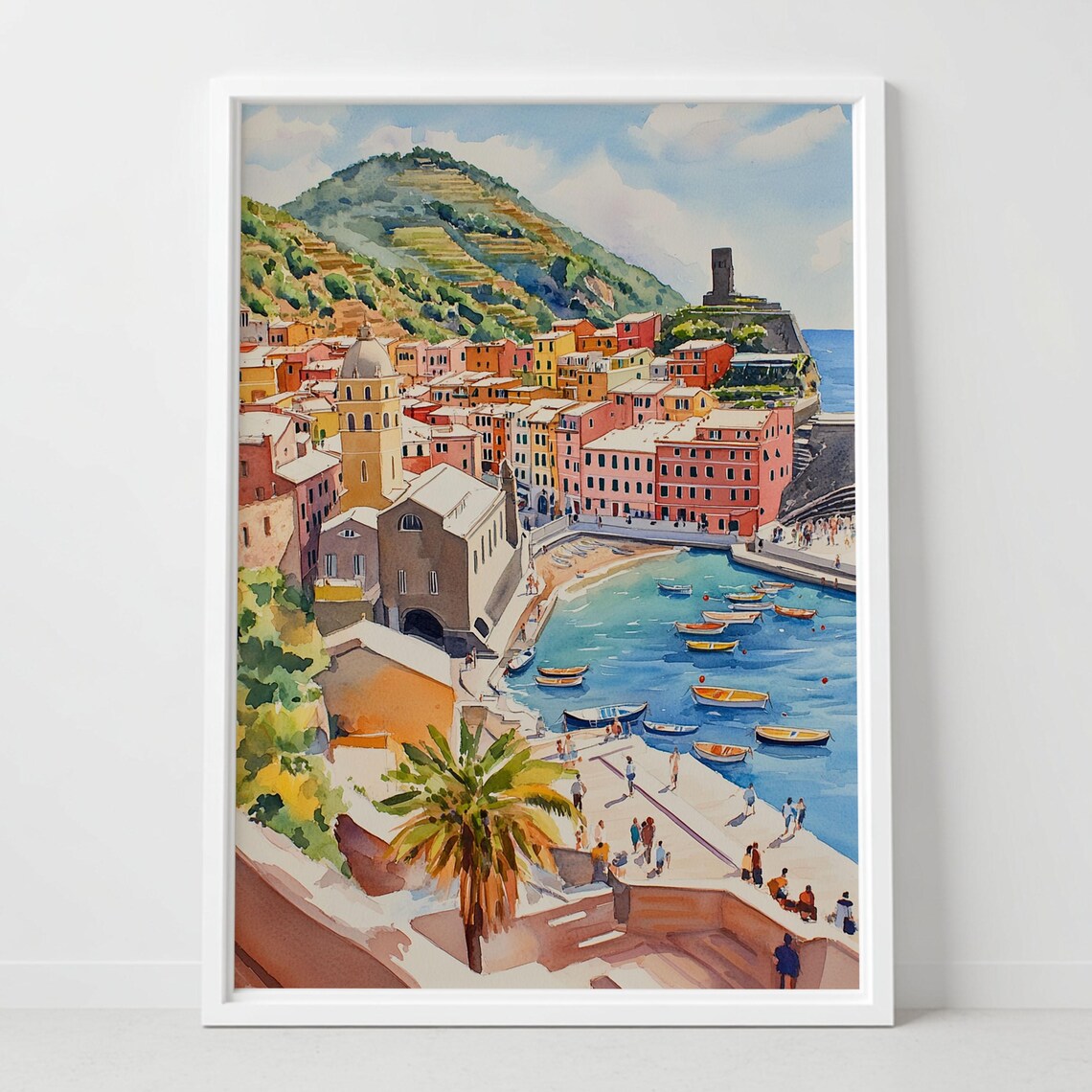 Vernazza Cinque Terre Italy Coastal Harbor Watercolor Art Poster