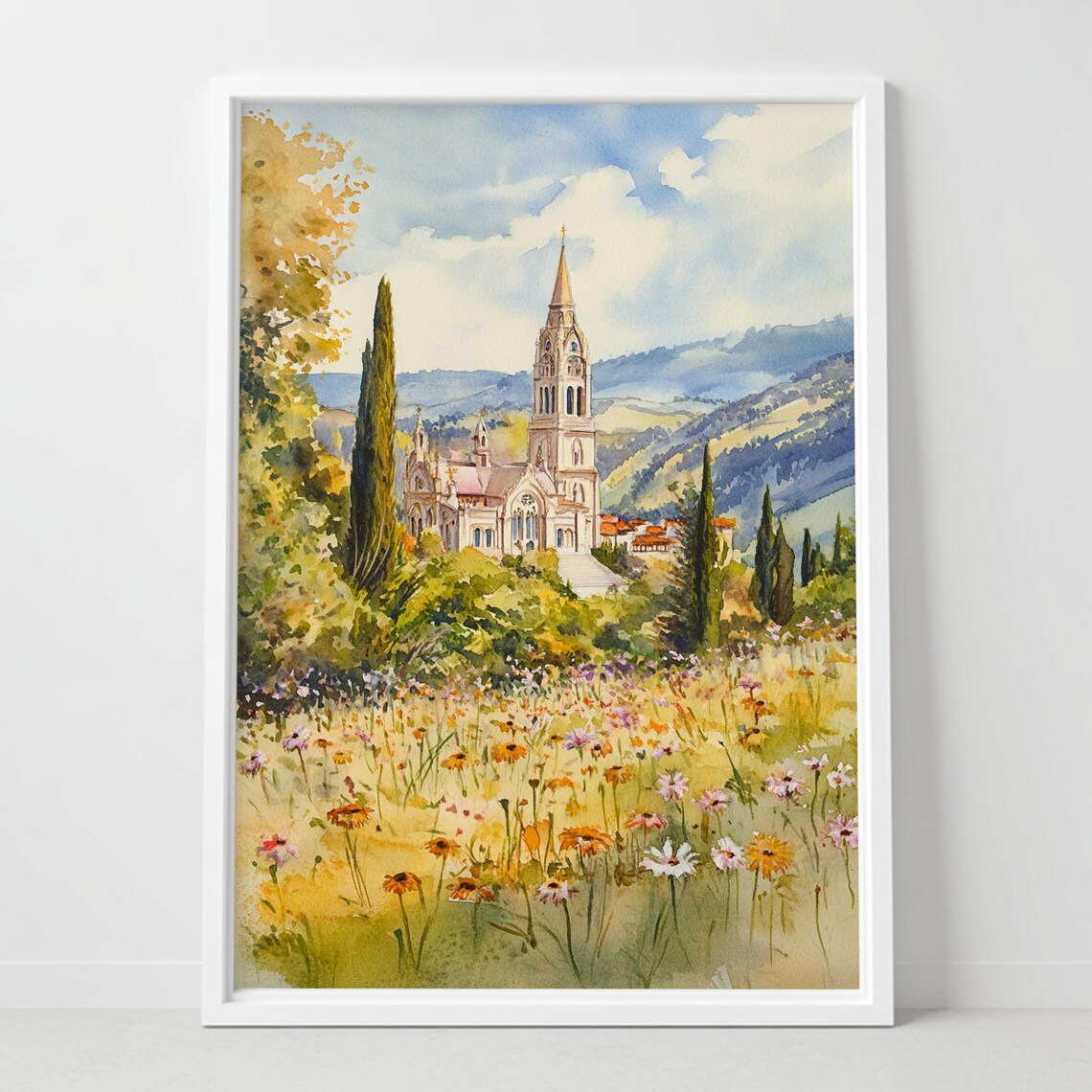 Lourdes France Basilica Watercolor Wildflower Meadow Europe Poster