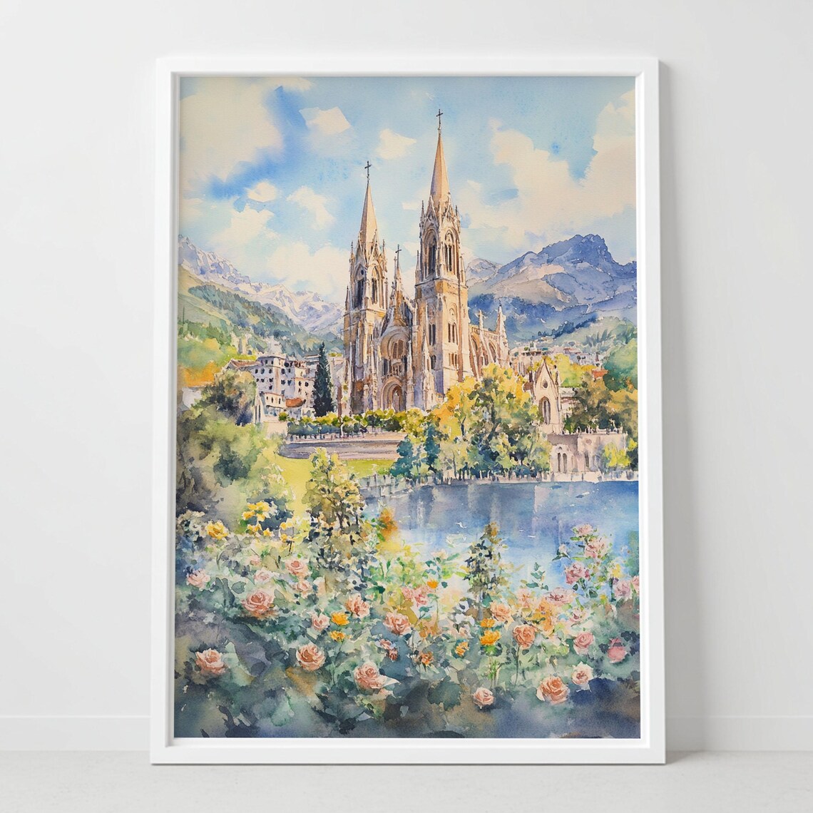 Lourdes France Sanctuary Basilica Lakeside Watercolor Poster