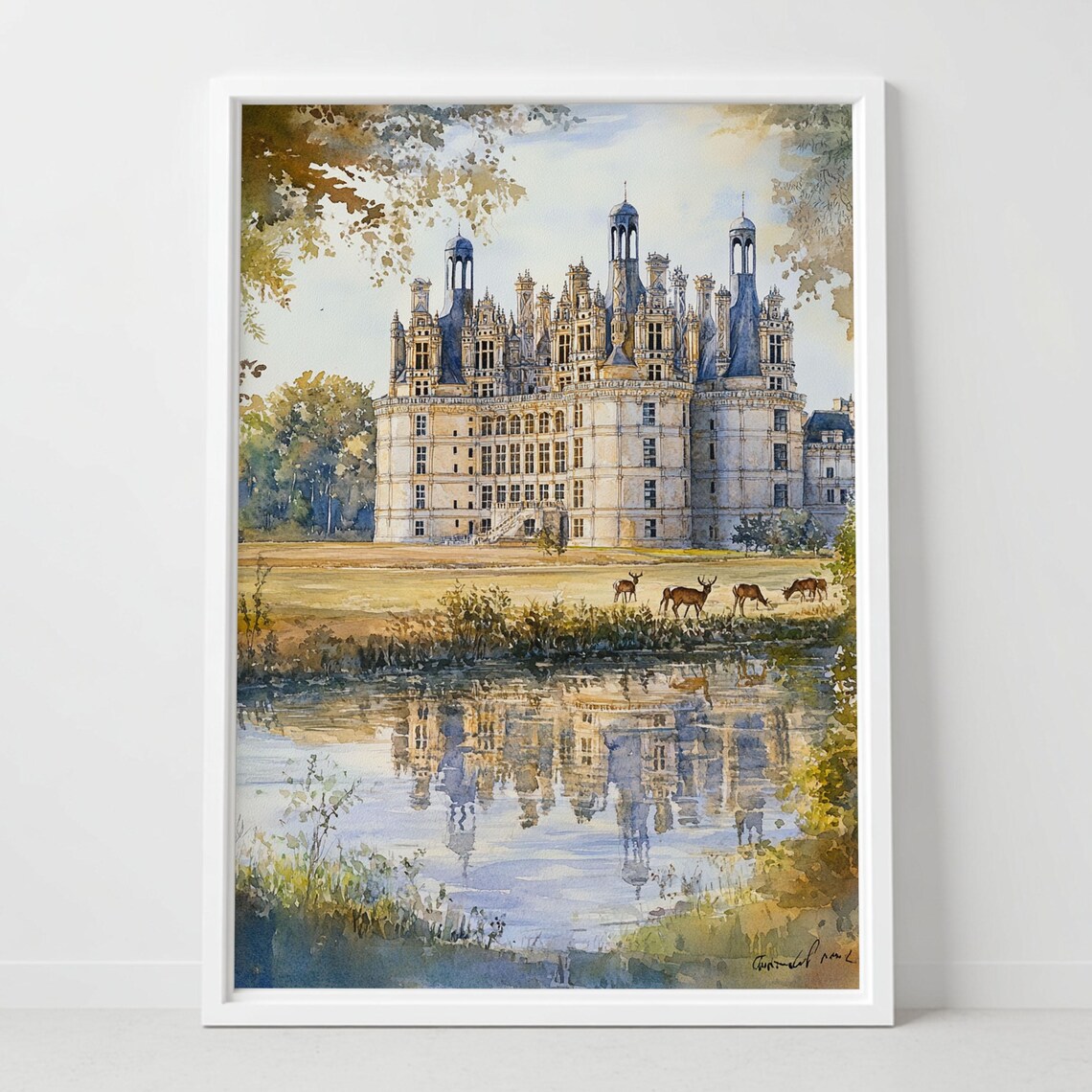 Chateau de Chambord France Watercolor Palace Reflection Art Poster