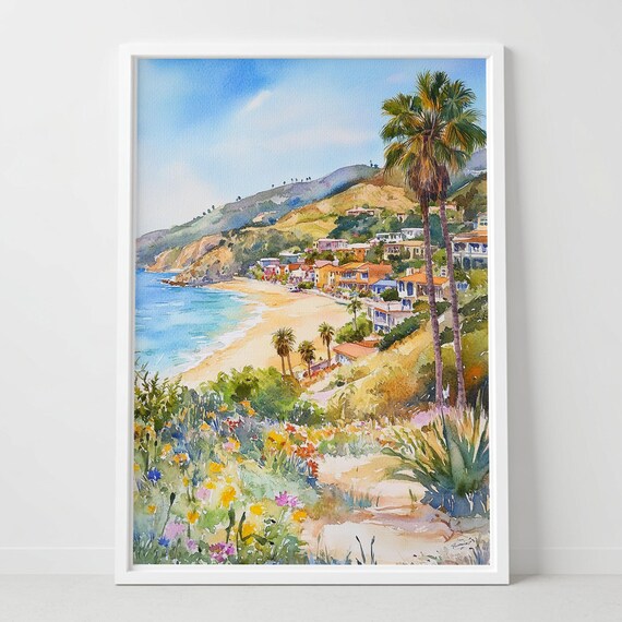Avila Beach California Coast Palm Watercolor Beach Scene Poster