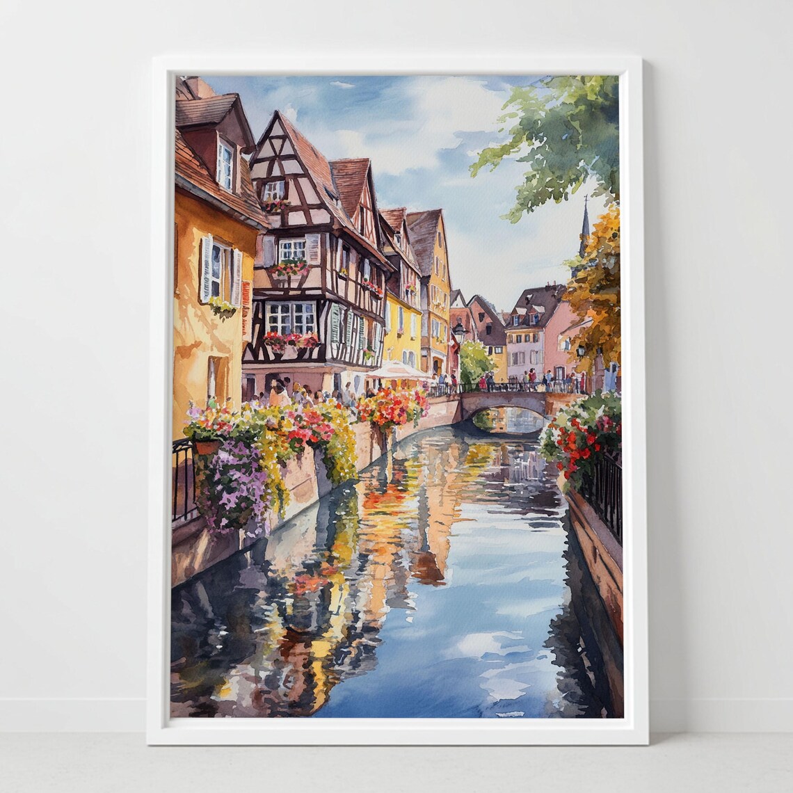 Historic European Canal Town Half Timbered Flowers Watercolor Poster
