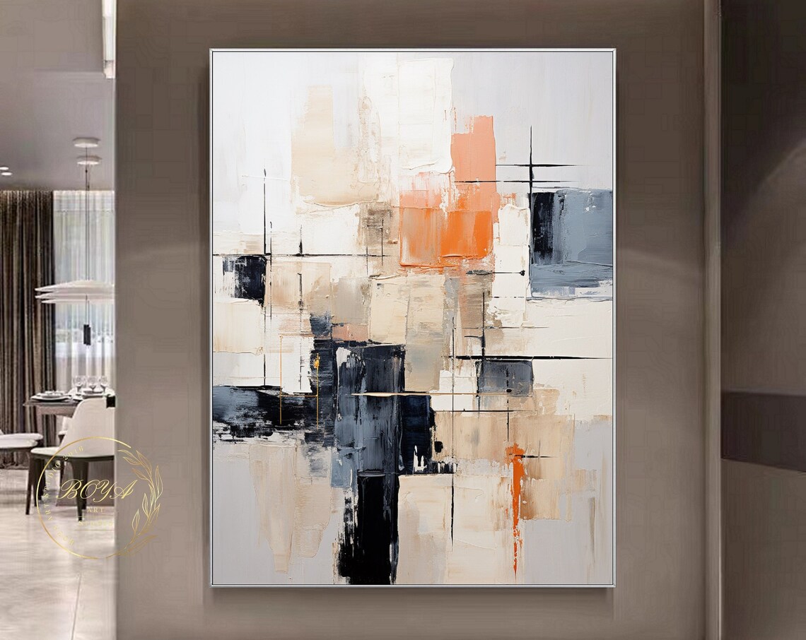 Beige Abstract Oil Painting, Black White Art Print