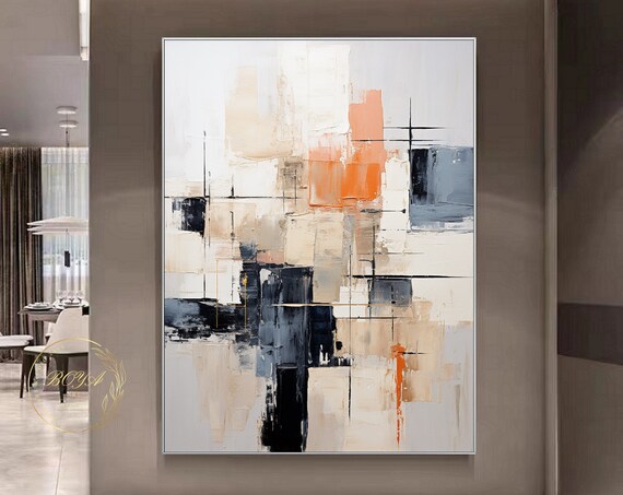 Beige Abstract Oil Painting, Black White Art Print