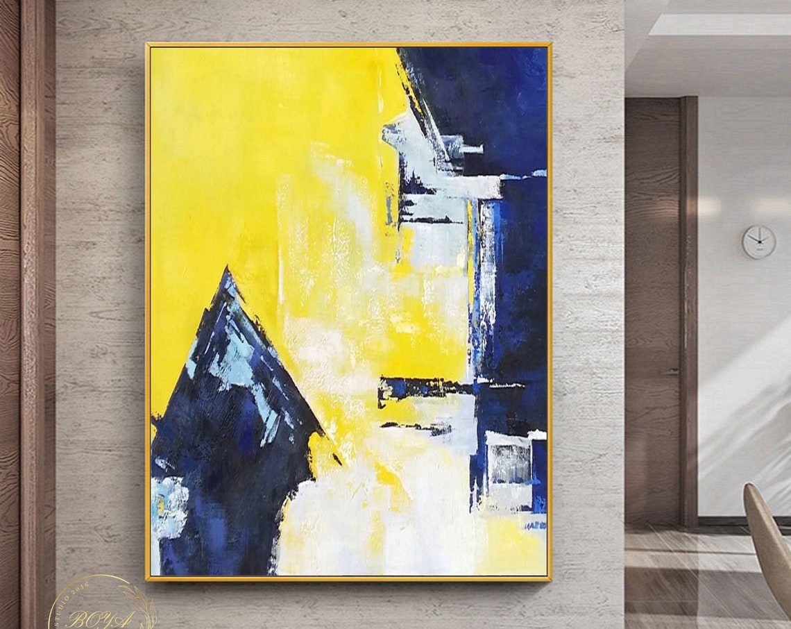 Large Minimalist Abstract Painting Yellow Abstract Art Blue Oil Painting Modern Minimalist Geometric Art Landscape Abstract Painting