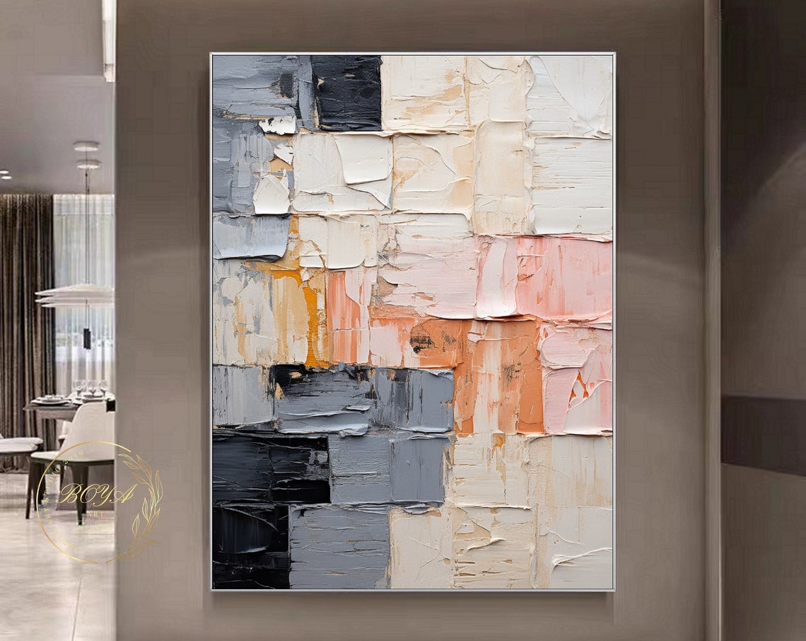Gray Black Cream Pink Patchwork Textured Abstract Artwork Poster