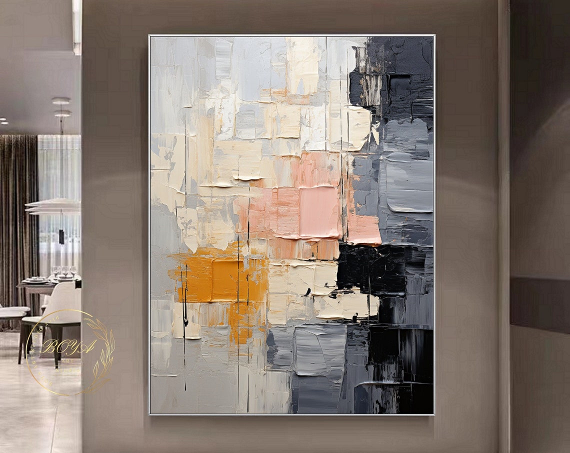 Original Black White Textured Art Large Black White Painting Pink Abstract Painting Minimalist Wall Art Beige Oil Painting Gray Art
