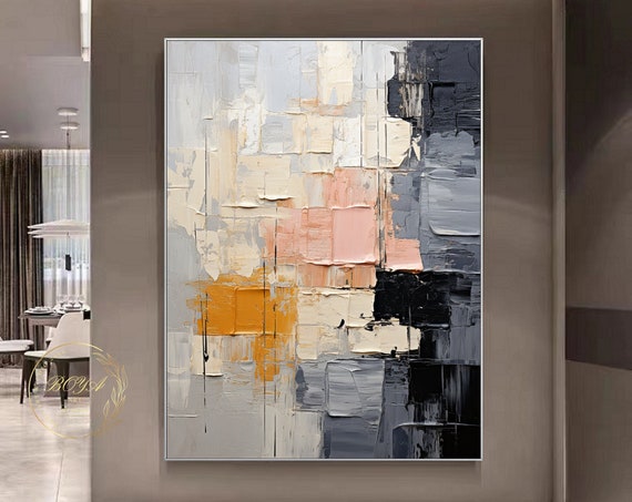 Original Black White Textured Art Large Black White Painting Pink Abstract Painting Minimalist Wall Art Beige Oil Painting Gray Art