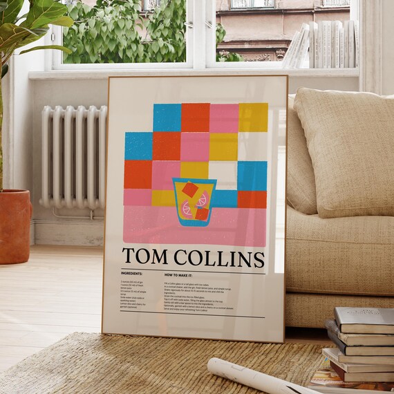 Tom Collins Cocktail Recipe Retro Colorblock Illustration Wall Art