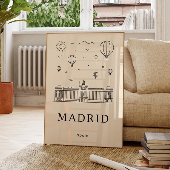 Madrid Spain Minimal Line Art Palace With Hot Air Balloons Travel Poster