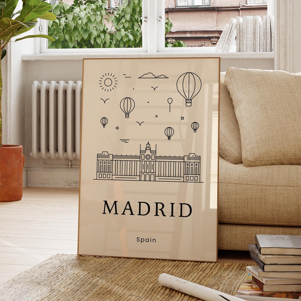 Madrid Spain Minimal Line Art Palace With Hot Air Balloons Travel Poster
