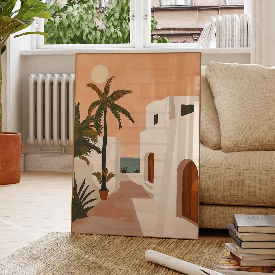 Mediterranean Whitewashed Street Palm Tree Peach Sunset Poster