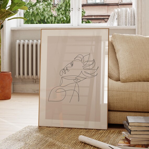Abstract Single Face Outline Minimal Beige Neutral Line Drawing Poster