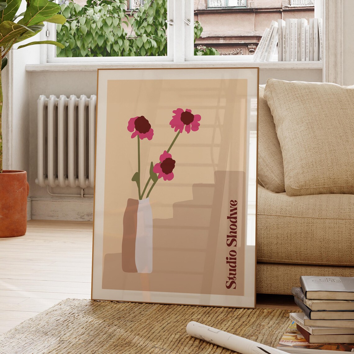 Minimal Pink Flowers Vase Beige Abstract Floral Still Life Poster