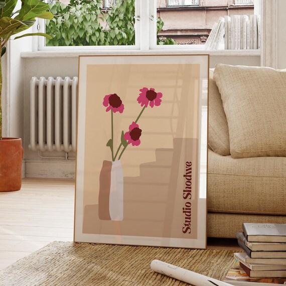 Minimal Pink Flowers Vase Beige Abstract Floral Still Life Poster
