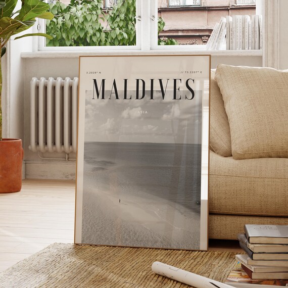 Maldives Aerial Beach Sandbank Black and White Travel Photo Poster