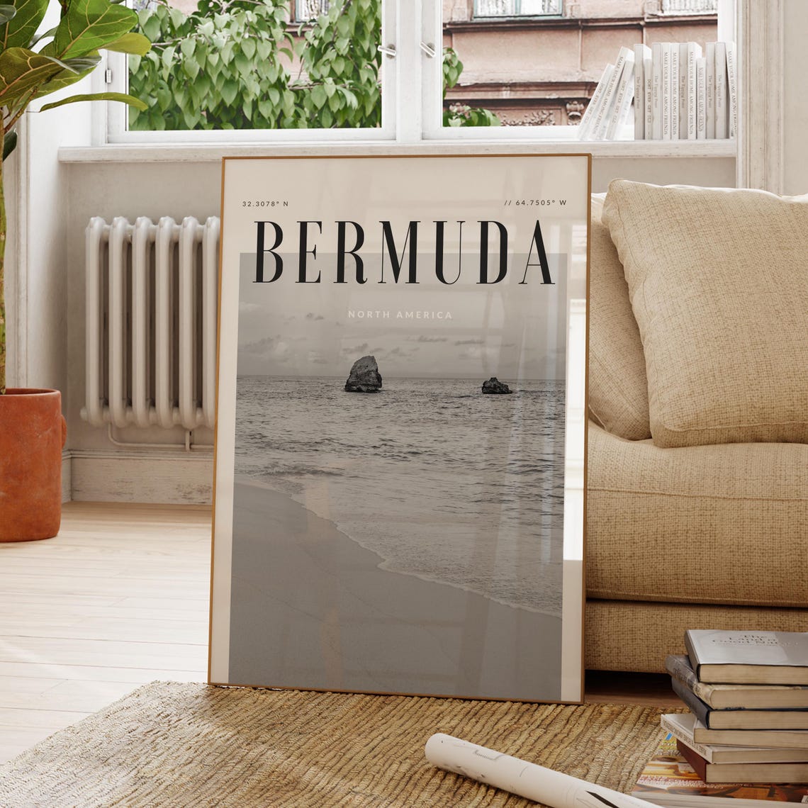 Bermuda North America Black White Beach Ocean Rocks Photo Poster
