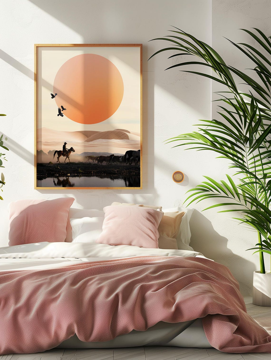 Lone Cowboy Riding at Sunset Desert Dunes Horses Western Scene Poster - Image 2