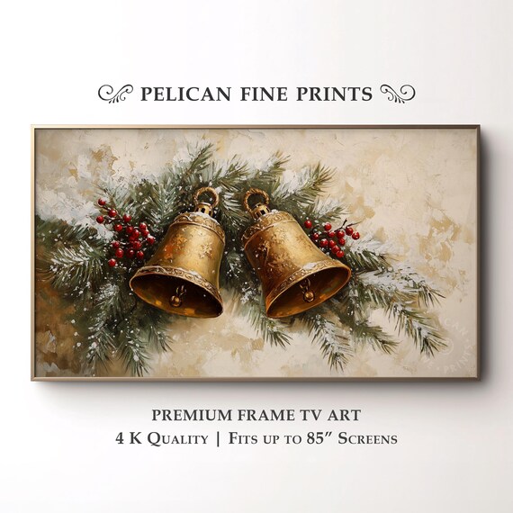 Golden Christmas Bells Pine Branches Berries Holiday Art Poster