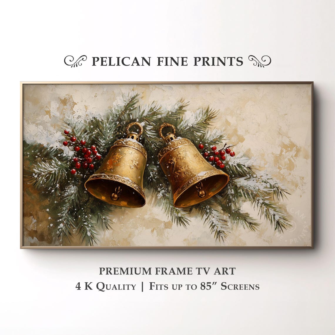 Golden Christmas Bells Pine Branches Berries Holiday Art Poster
