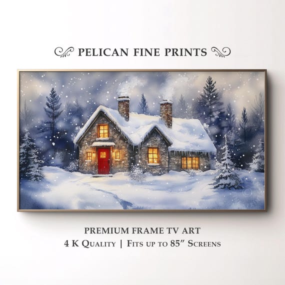 Rustic Winter Cottage Frame Tv Art Snowy Watercolor Night Painting Cozy Wall Decor Tv81