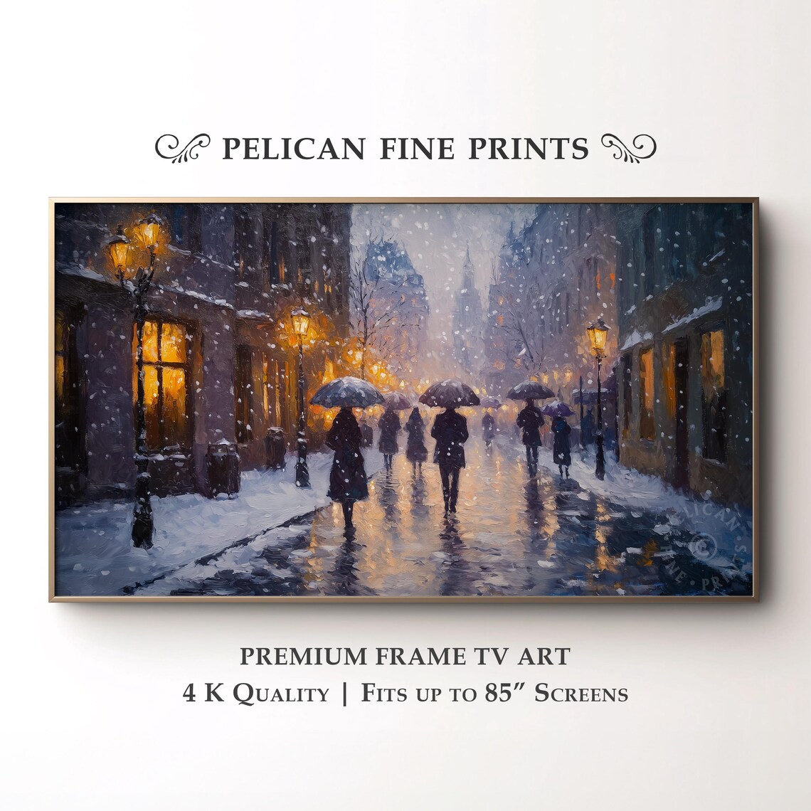 Romantic Snowy European City Street Umbrellas Night Painting Wall Art