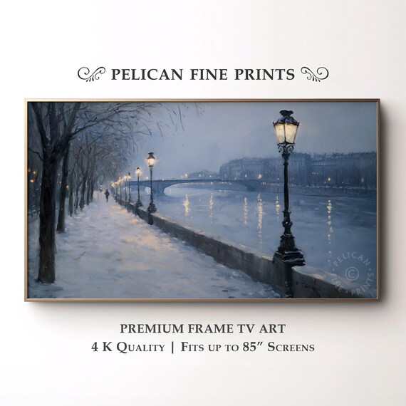 Moody Winter Riverside Snowy Streetlamps Promenade Watercolor Poster