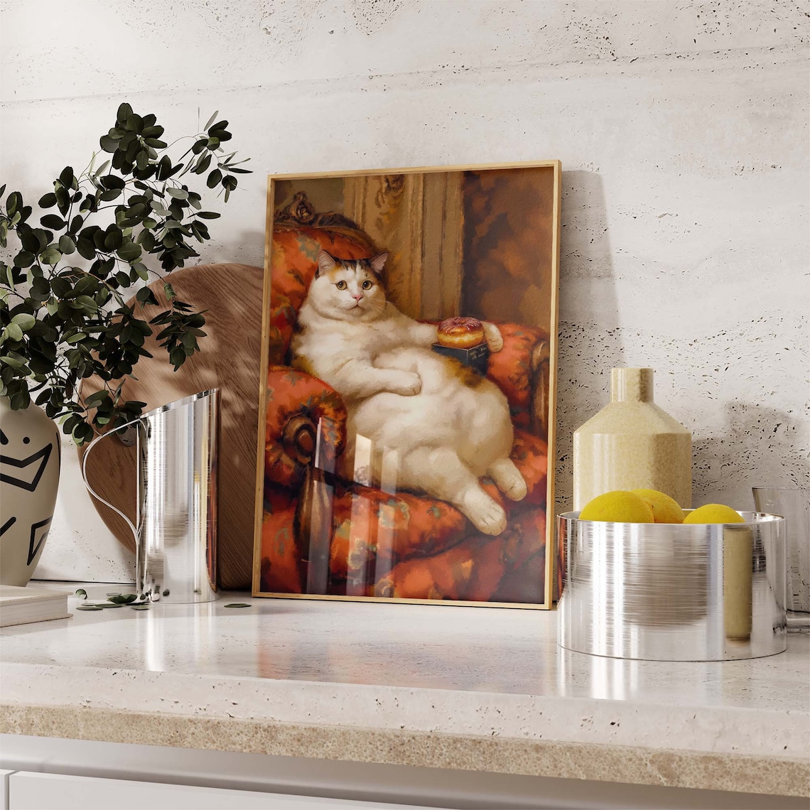 Chubby Cat Relaxing On Red Chair Holding A Donut Treat Art Poster - Image 2