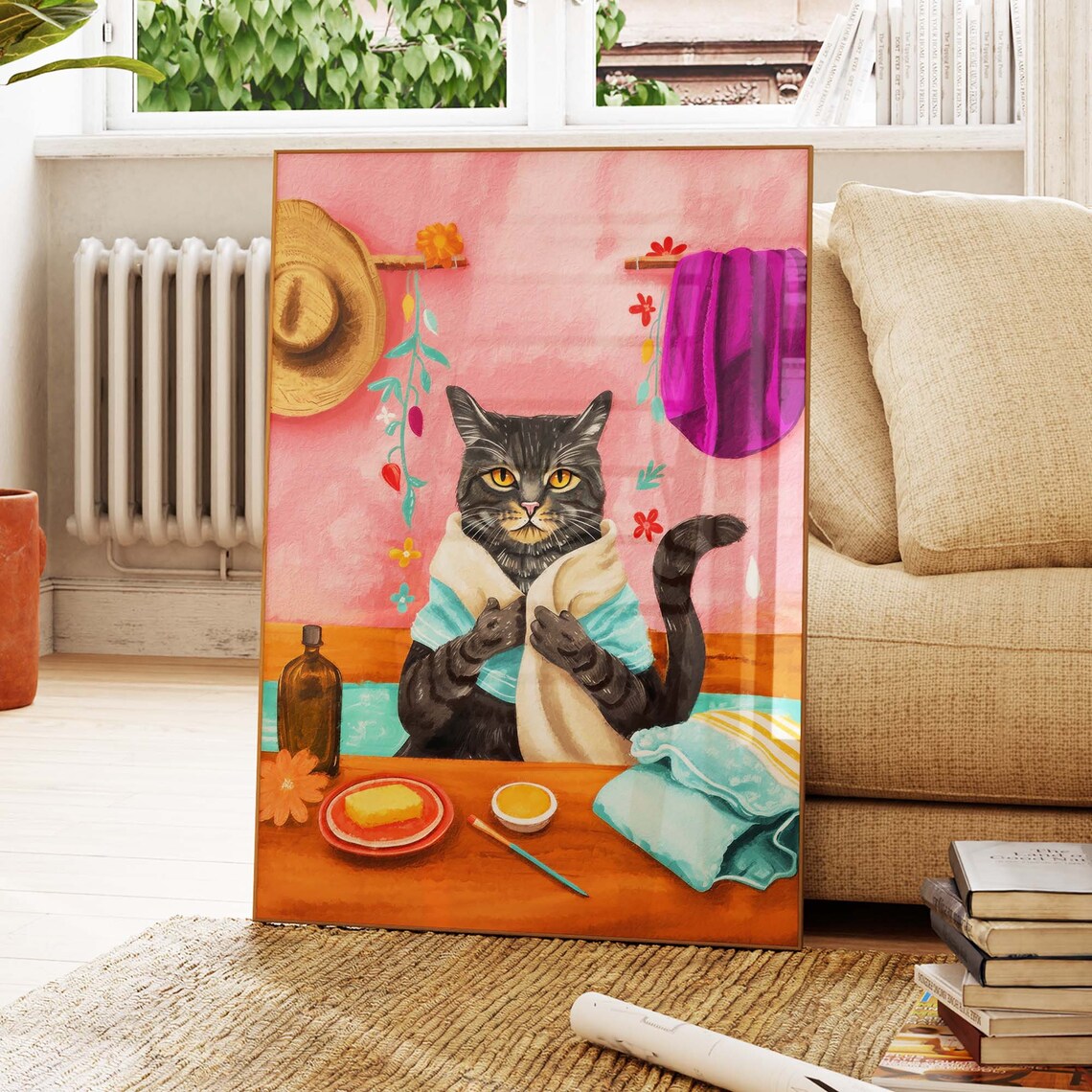 Black Cat Enjoying a Spa Day with Towel and Soap in Pink Room Poster