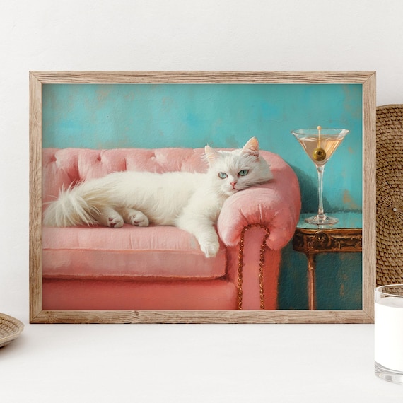 White Cat Martini Pink Velvet Sofa Whimsical Portrait Art Print