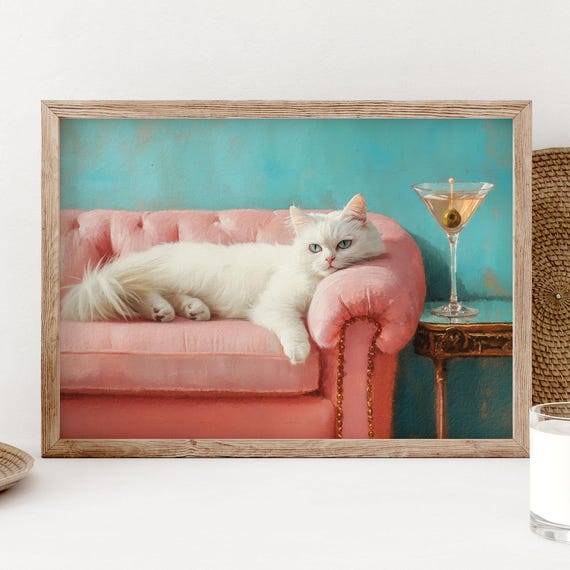 White Cat With Art Print Cute Quirky Whimsical Wall Pink Cocktail Bar Cart Decor Fine Gift For Lover Ps0658
