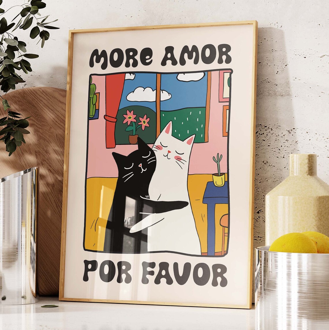 More Amor Por Favor Hugging Black And White Cats Retro Love Poster - Image 4