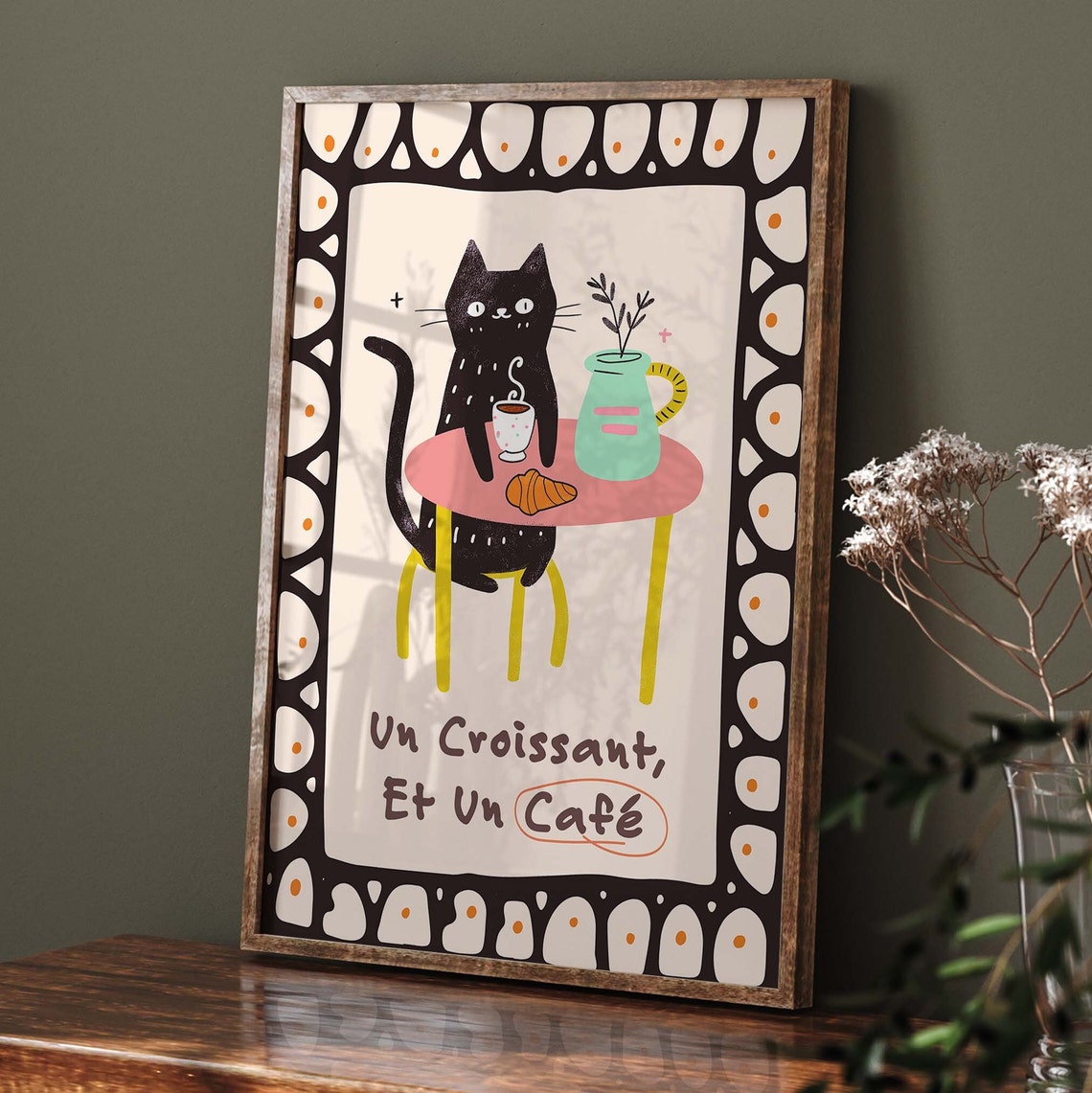 Un Croissant Et Un Cafe Black Cat At French Cafe Table Cute Poster - Image 3