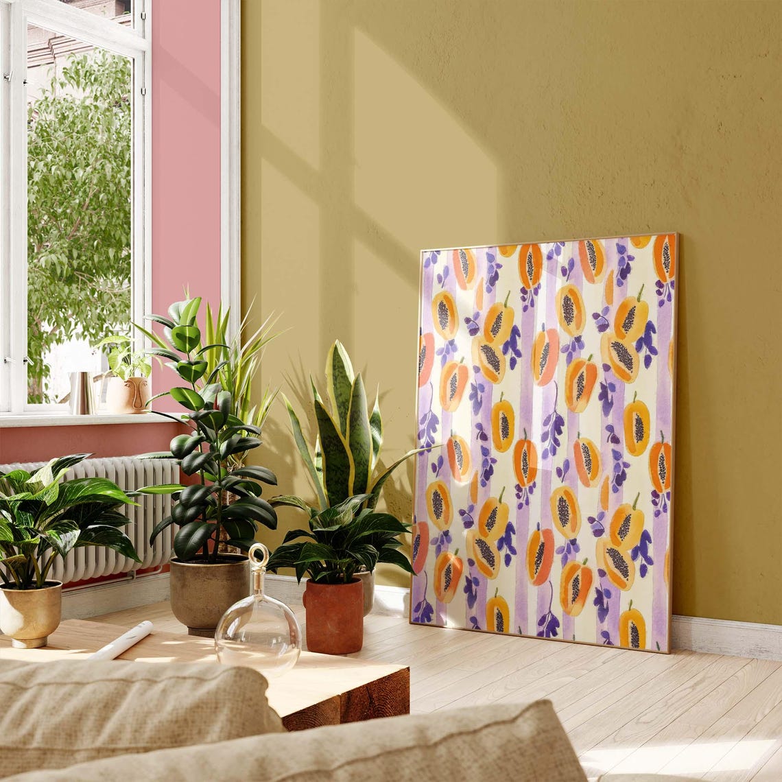 Papaya Slices On Lavender Stripes Tropical Fruit Pattern Poster - Image 2