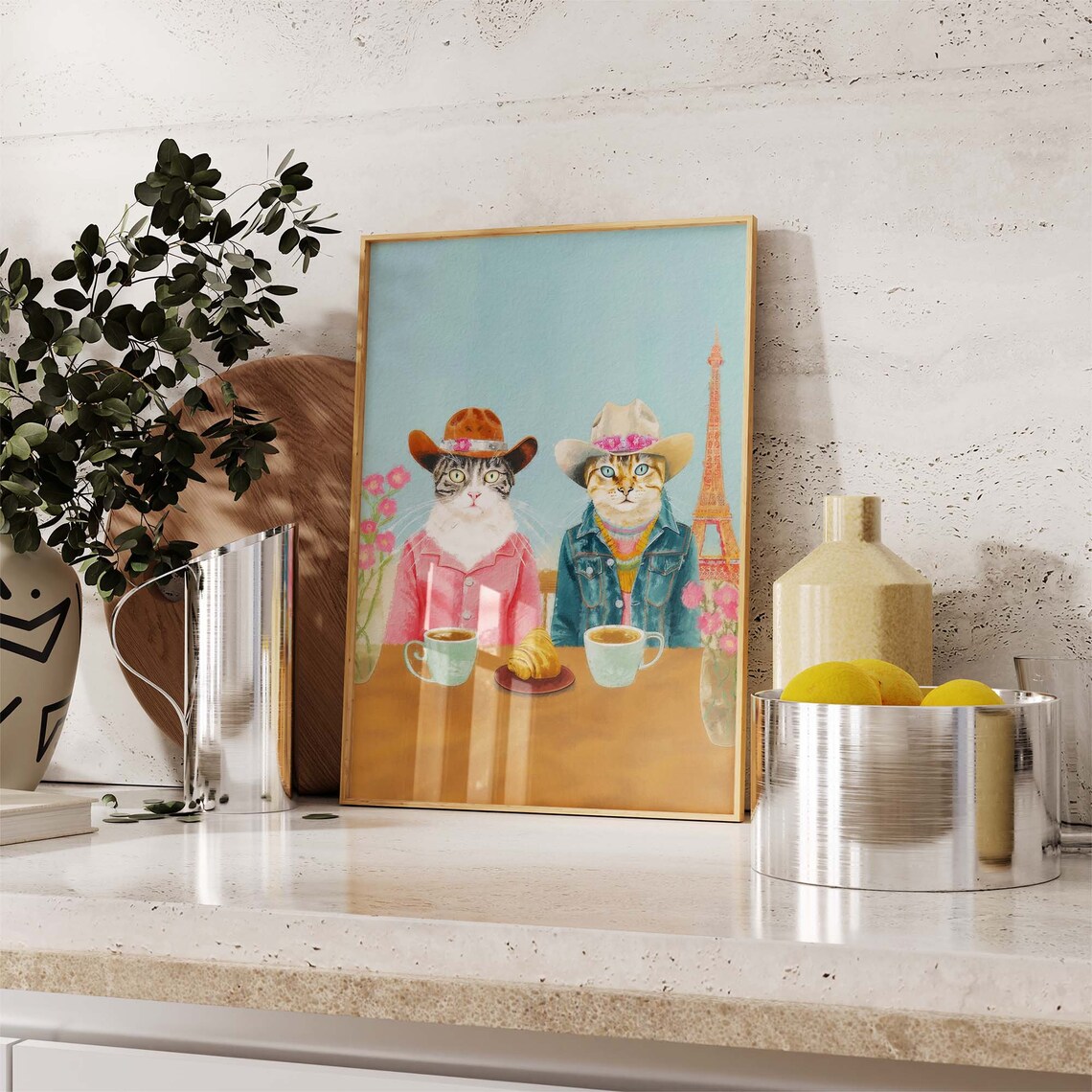 Two Cowboy Cats Having Coffee and Croissants in Paris Poster - Image 2