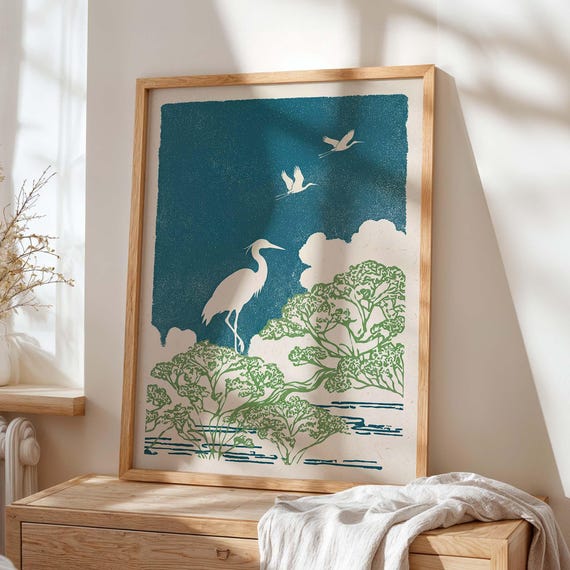 Japanese Crane, Japandi Minimalist Bird Poster