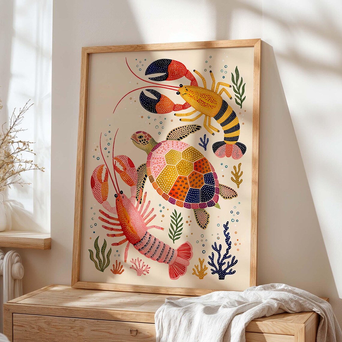 Lobster and Turtle Art Print, Coastal Illustration