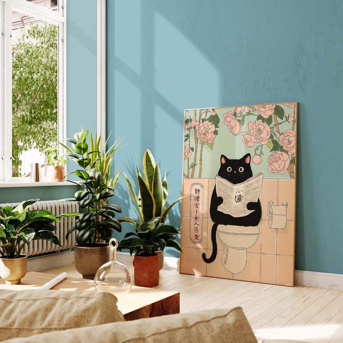 Japanese Black Cat On Toilet Reading Newspaper With Peonies Poster - Image 2