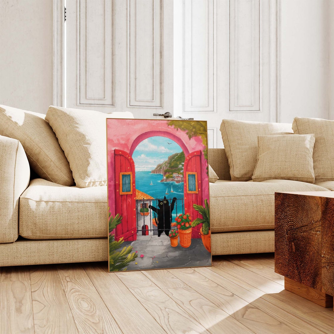 Black Cat At A Red Doorway Overlooking A Coastal Town Poster - Image 3