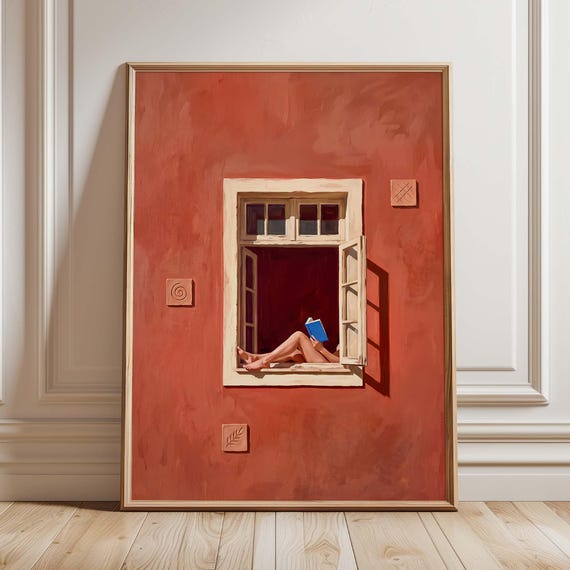 Woman Reading In Window, Terracotta Nook Art Print