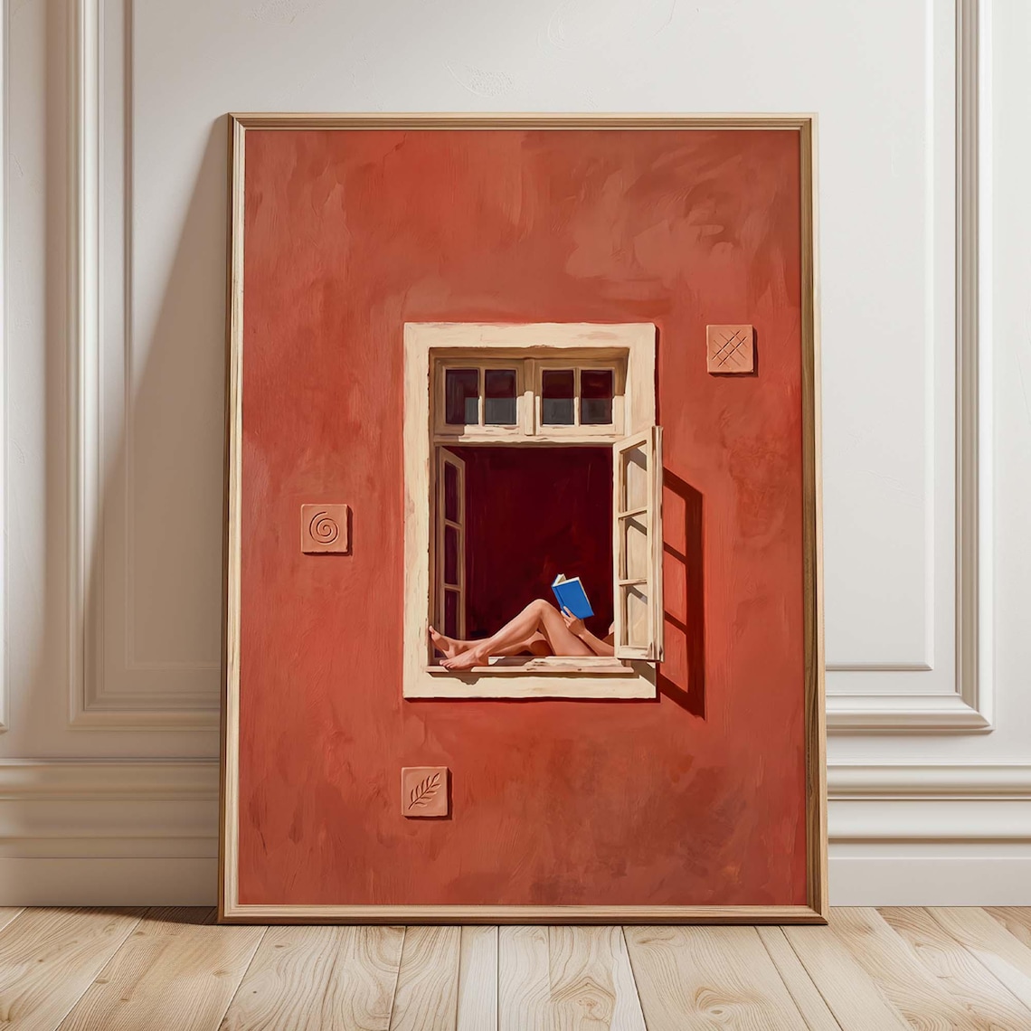 Woman Reading In Window, Terracotta Nook Art Print