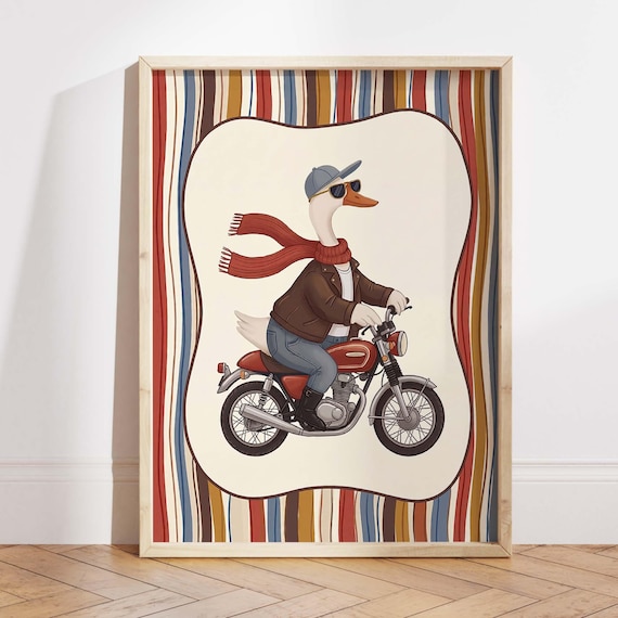 Goose Biker Riding Red Motorcycle Kids Room Illustration Poster