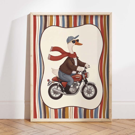 Goose On Motorcycle Nursery Wall Art Print Cute Animal Biker Poster For Kids Room Vintage Boho Stripe Decor